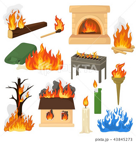 Fire flame vector fired flaming bonfire in fireplace and flammable campfire illustration fiery set 43845273