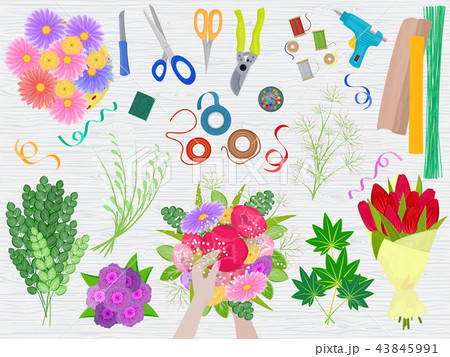 Floristics vector florists hands making beautiful floral bouquet and arranging flowers in flowershop 43845991