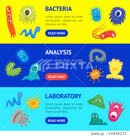Cartoon Bacteria Characters Banner Horizontal Set. Vector 43846225