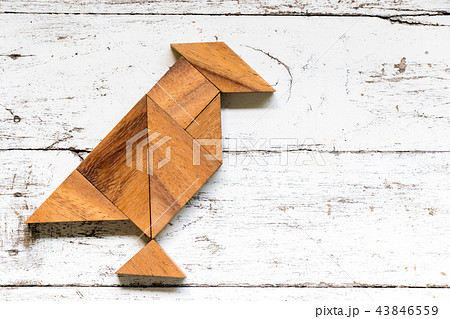 Tangram puzzle in bird shape on white wood Tangram puzzle in bird shape on white wood 43846559