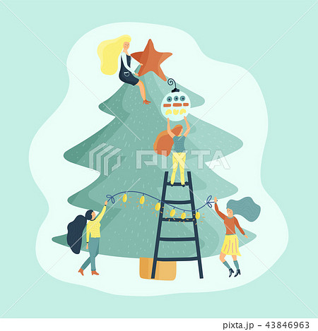 Small girl characters decorate Christmas tree. Small girl characters decorate Christmas tree. 43846963