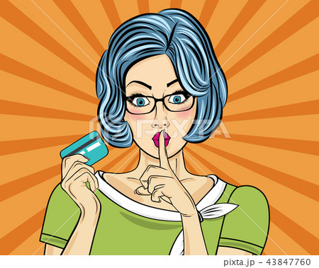 woman pop art style with credit card showing hand woman pop art style with credit card showing hand 43847760