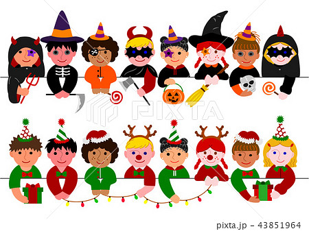 かわいい子供たちのボーダーセット ハロウィン クリスマスのイラスト素材