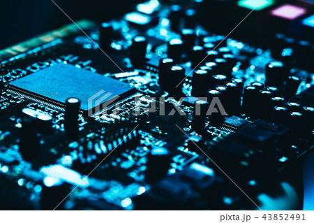 computer motherboard in blue dark background close 43852491