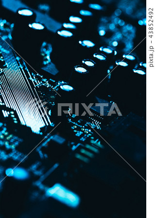 computer motherboard in blue dark background close 43852492