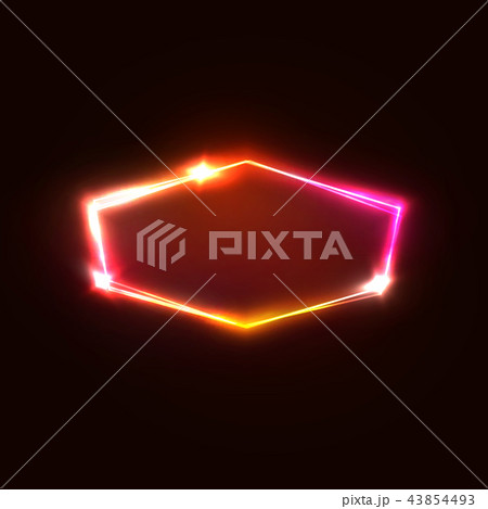 Neon light hexagon on dark red background. Red, pink and yellow electric hexagonal geometric shape Neon light hexagon on dark red background. Red, pink and yellow electric hexagonal geometric shape 43854493