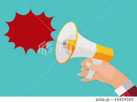 Hand holds Megaphone and outgoing Speech Bubble. Vector Illustration 43854565