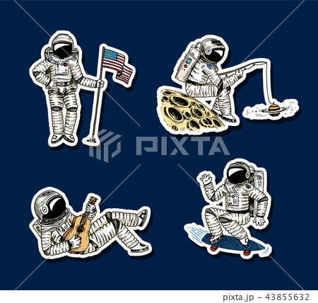 Set of Astronauts in space stickers. Collection soaring spaceman with flag. dancer musician Set of Astronauts in space stickers. Collection soaring spaceman with flag. dancer musician 43855632