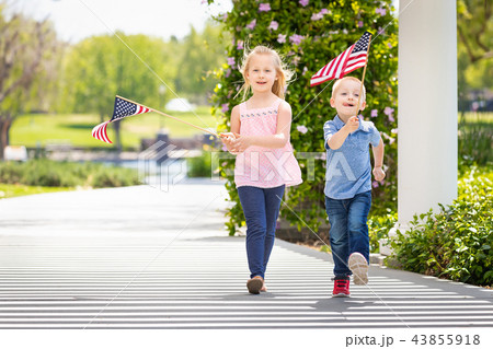 Sister and Brother Waving American Flags At Park 43855918