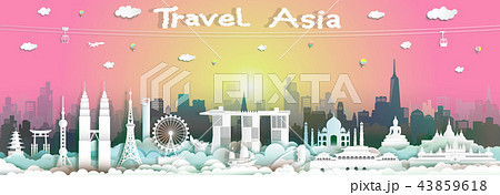 Landmarks of asia with skyline on pink background. 43859618