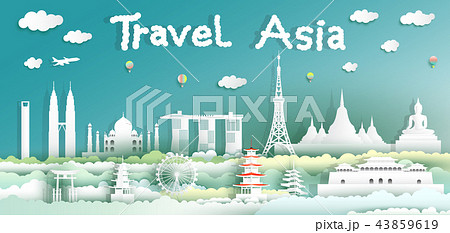 Landmarks of the world on green background. 43859619