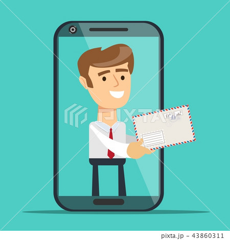 Man from smartphone screen giving new message. Post service concept. Vector illustration flat design Man from smartphone screen giving new message. Post service concept. Vector illustration flat design 43860311