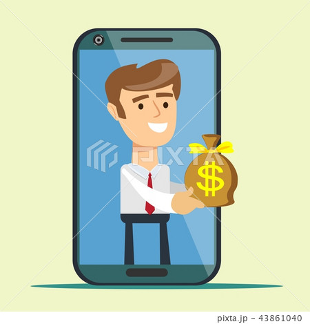 Young man from smartphone screen giving money bag, Young man from smartphone screen giving money bag, 43861040
