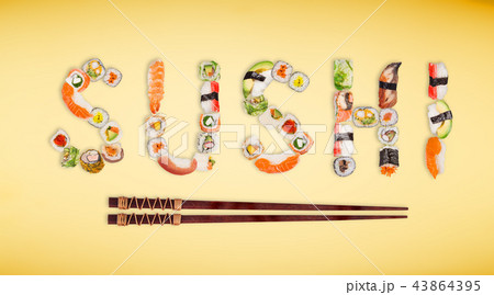 Traditional japanese sushi pieces making inscription. Traditional japanese sushi pieces making inscription. 43864395