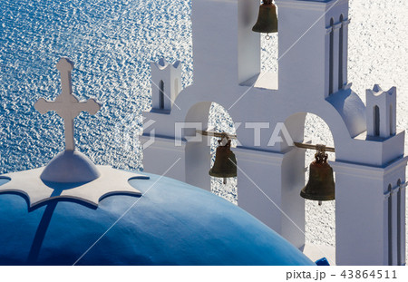 The Three bells of Fira and blue dome, Santorini, Greece. 43864511