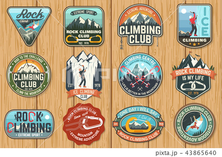 Set of Rock Climbing club badges on the wood board. Vector. 43865640