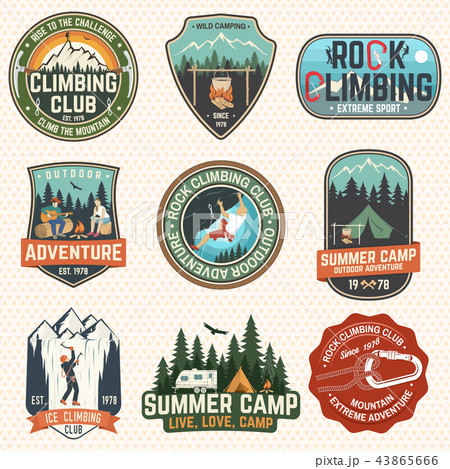 Set of Rock Climbing club and summer camp badges. Vector. 43865666