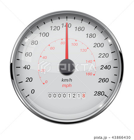 Speedometer. Speed gauge with metal frame. 140 km per hour Speedometer. Speed gauge with metal frame. 140 km per hour 43866430