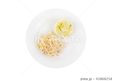 Rice with squid, seafood on plate isolated white 43868258