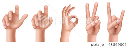 Set of hand gestures with a raised finger up, an OK sign and a victory, a goat. Set of hand gestures with a raised finger up, an OK sign and a victory, a goat. 43869005