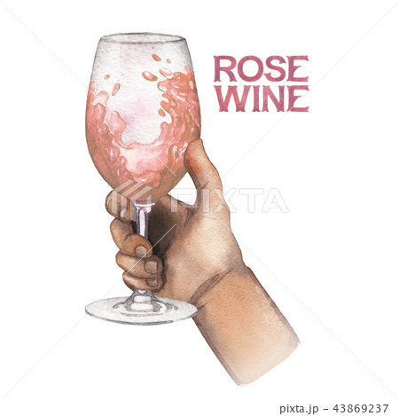 Watercolor hand holding glass of rose wine isolated on white background 43869237