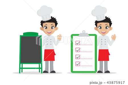 Man chef pointing to wood menu board and Big check Man chef pointing to wood menu board and Big check 43875917