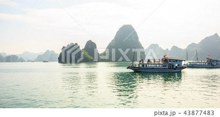 Halong Bay islands, tourist boats and seascape 43877483