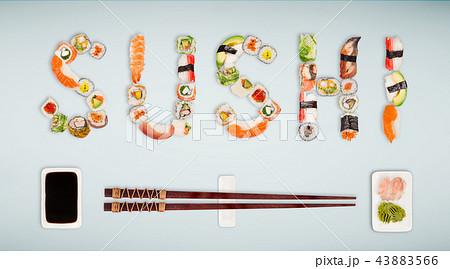 Traditional japanese sushi pieces making inscription. Traditional japanese sushi pieces making inscription. 43883566
