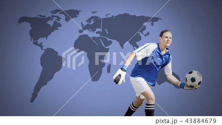 Goalkeeper woman with soccer ball with world map 43884679