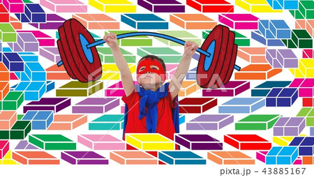 Superhero boy lifting weights with colorful geometric pattern 43885167