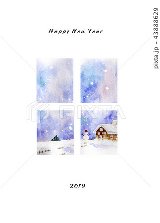 年賀状素材 窓から見た雪景色のイラスト素材