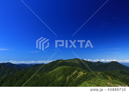 南アルプス光岳（てかりだけ）への道　仁田岳、縦走路越しの光岳遠景 43889710