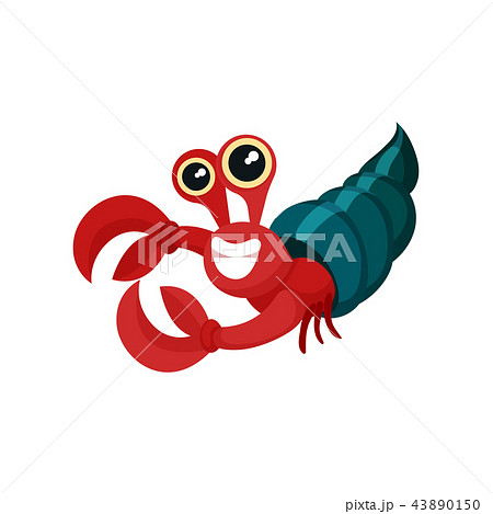 Flat vector icon of red hermit crab with shell. Smiling marine animal with big claws and shiny eyes 43890150