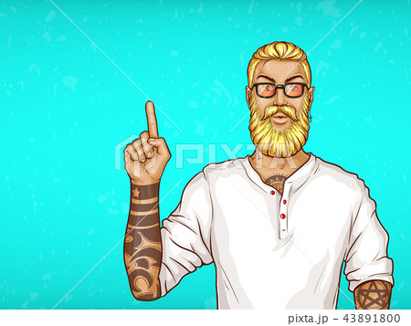 Vector pop art tattooed bearded man points direction 43891800