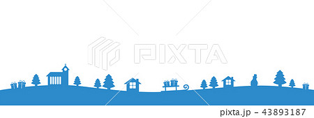 christmas blue border with church firs houses and gifts landscape 43893187