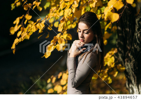 Young and pretty brunette girl in a dress and scarf stands near a beautiful big yellow tree 43894657