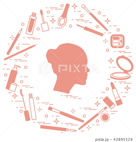 Silhouette of female head and various accessories 43895529