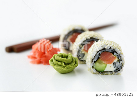 Sushi roll with ginger and wasabi closeup Sushi roll with ginger and wasabi closeup 43901525