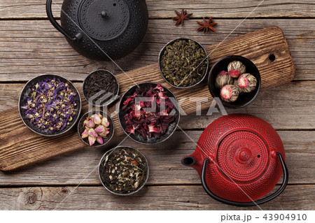 Various tea and teapot. Black, green and red tea Various tea and teapot. Black, green and red tea 43904910