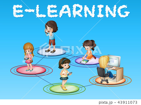 Girls And E Learning Iconのイラスト素材