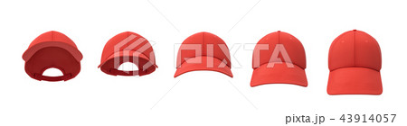 3d rendering of five red baseball caps shown in one line in a front view but in different angles. 3d rendering of five red baseball caps shown in one line in a front view but in different angles. 43914057