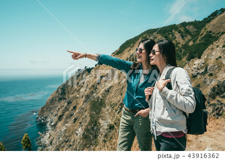 women standing and pointing to somewhere 43916362