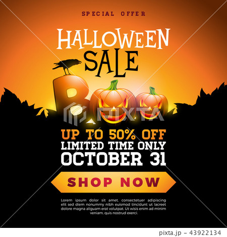 Boo, Halloween Sale banner illustration with scary faced pumpkin and crow on orange background 43922134