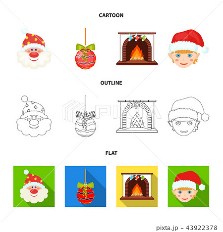 Santa Claus, dwarf, fireplace and decoration cartoon,outline,flat icons in set collection for design 43922378
