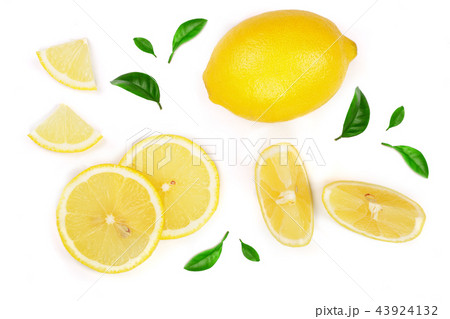 lemon and slices with leaf isolated on white background. Flat lay, top view 43924132