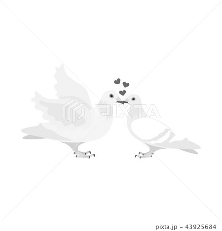 Two funny monochrome pigeons illustration. White doves with a heart. A symbol of love for the bride 43925684