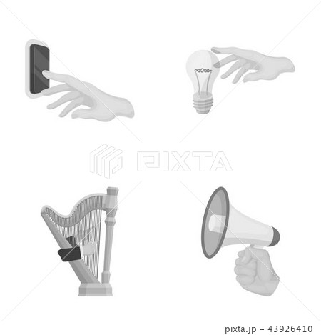 Electric switch button, incandescent lamp and other web icon in monochrome style. harp playing 43926410