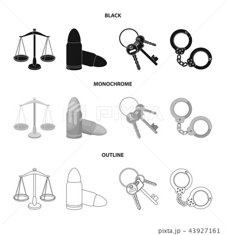 Scales of justice, cartridges, a bunch of keys, handcuffs.Prison set collection icons in black Scales of justice, cartridges, a bunch of keys, handcuffs.Prison set collection icons in black 43927161