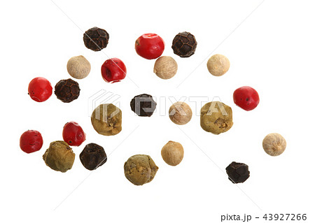 Mixed of peppers hot, red, black, white and green pepper isolated on white background. Top view 43927266
