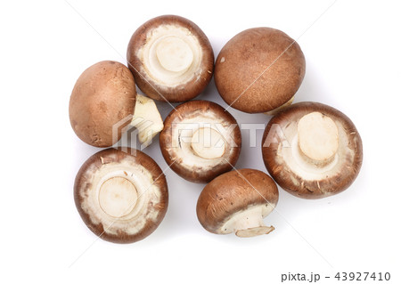 Fresh champignon mushrooms isolated on white background. Top view. Flat lay Fresh champignon mushrooms isolated on white background. Top view. Flat lay 43927410
